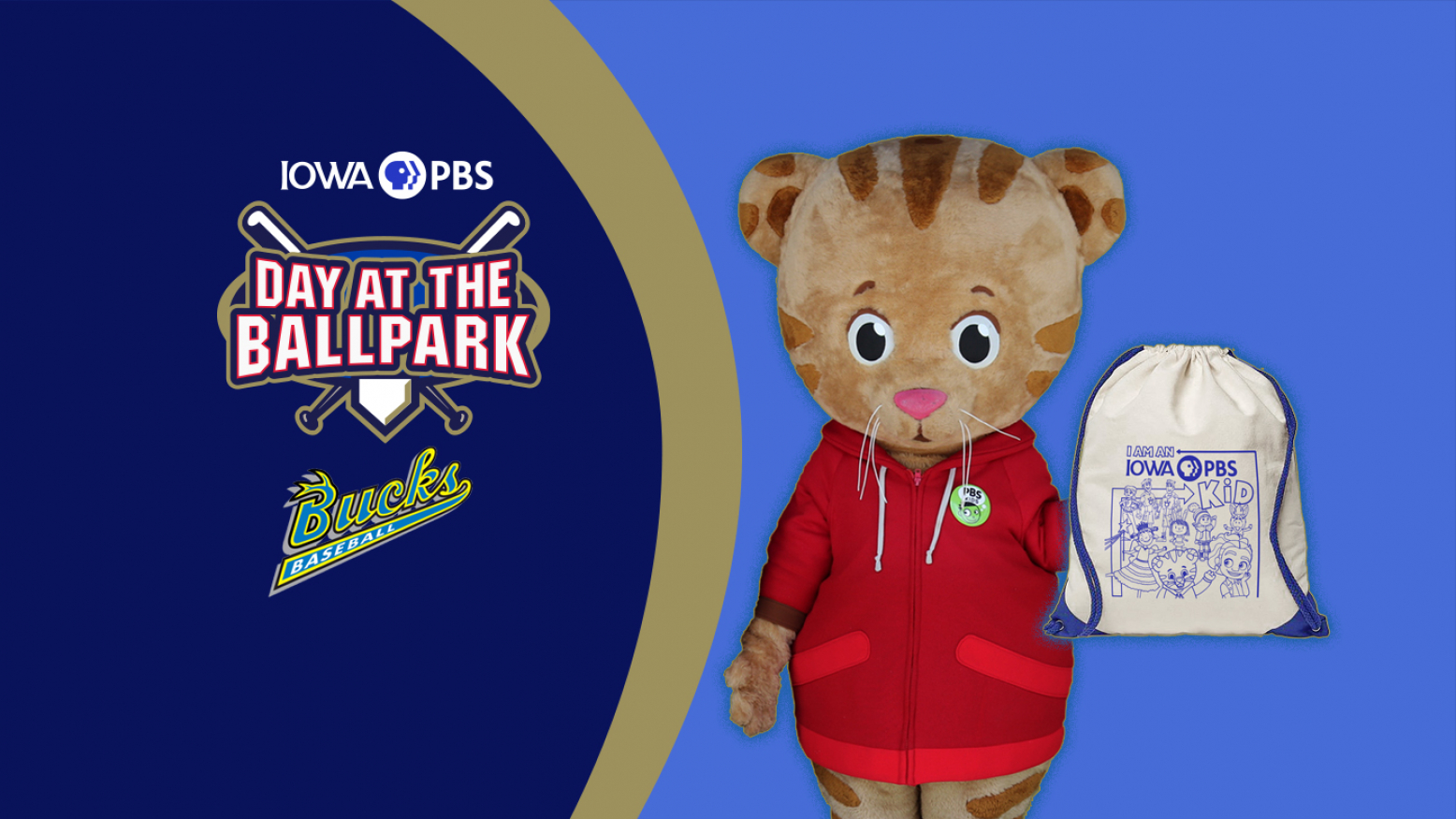 Daniel Tiger holding a bag with text on screen "Day at the Ballpark"