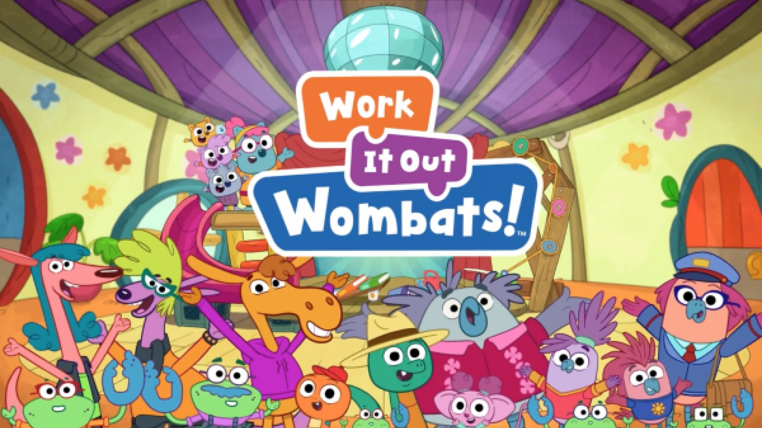 Colorful cartoon animals with text Work it Out Wombats