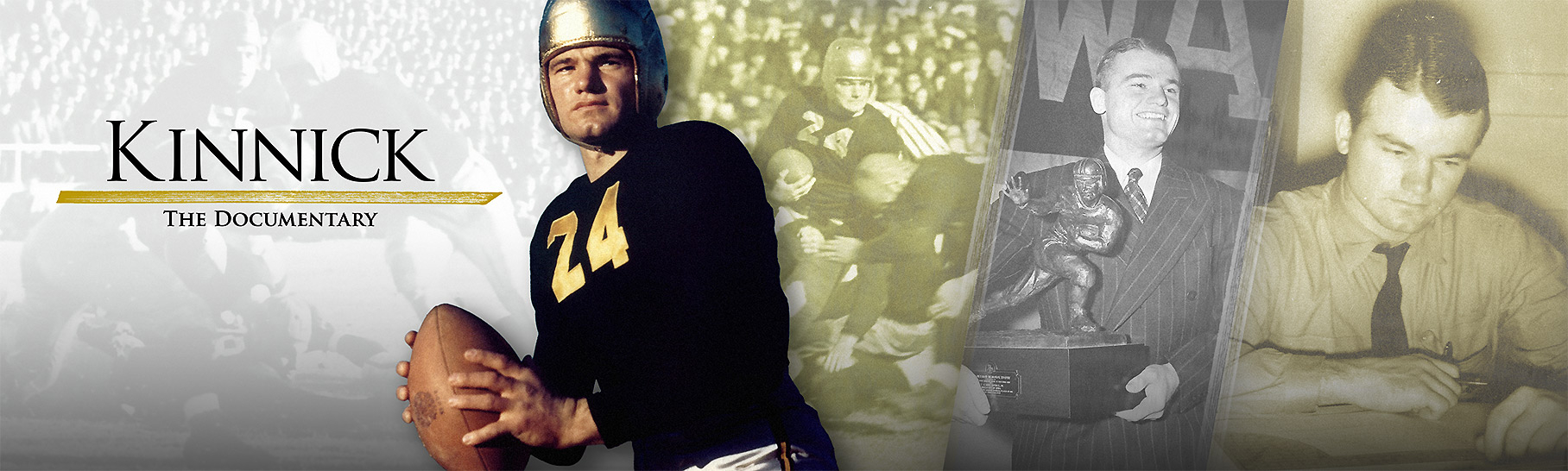 College football player Nile Kinnick prepares to throw a football wearing his number 24 black and gold uniform.