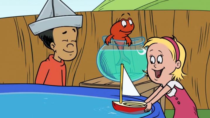 Nick and Sally are playing with a sailboat and a pool of water.