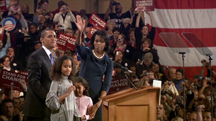 Barack Obama with his wife, Michelle and their two daughters on the night he won the Iowa Caucuses in 2008