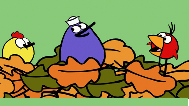 Peep, Quack and Chirp stand in a pile of fallen leaves