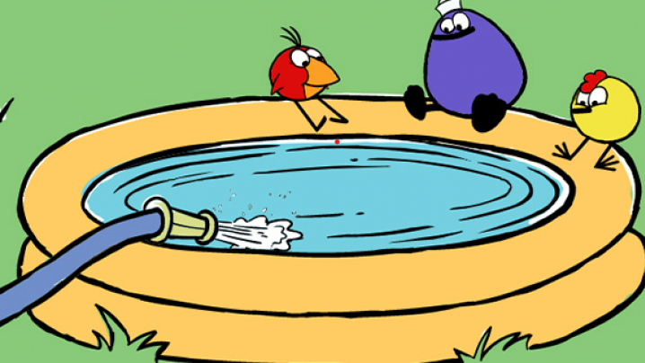 Chirp, Quack and Peep sit on the edge of a plastic pool as it fills up with water from a water hose.