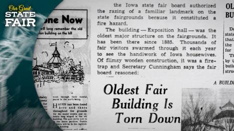 Newspaper article with the headline "Oldest Fair Building Is Torn Down"