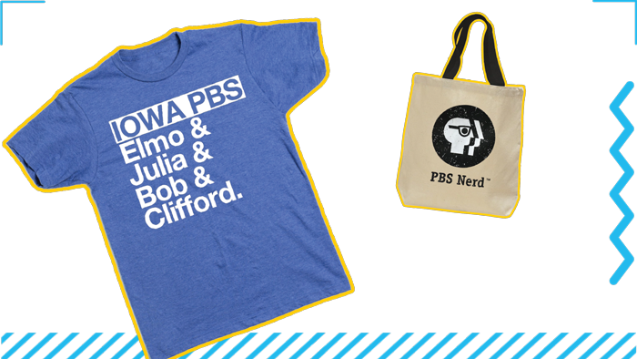 Iowa PBS tshirt and PBS Nerd tote bag
