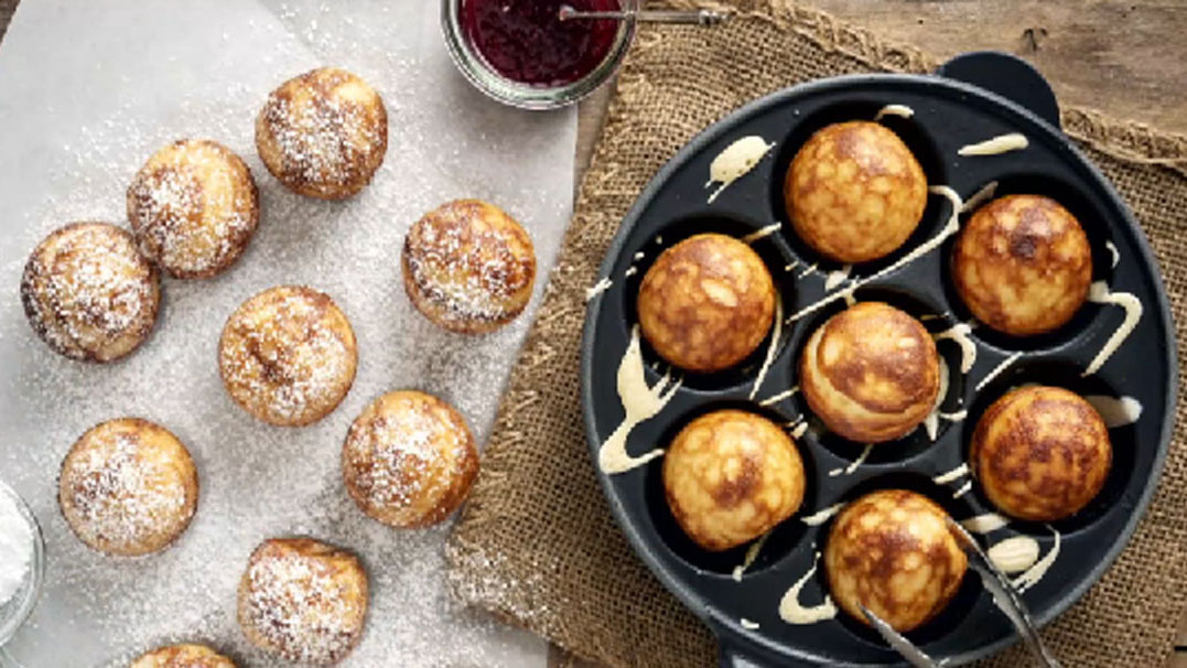 A pan of Danish aebleskiver.