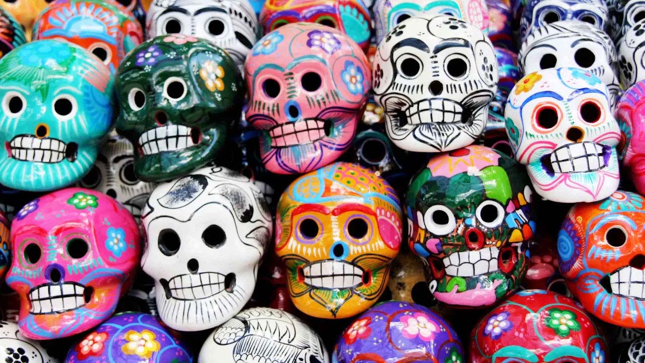 Decorative skulls related to Dia De Los Muertos traditions.