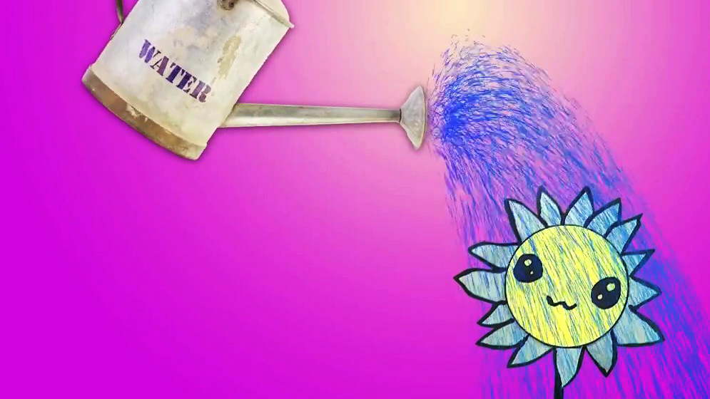 An animated flower being watered from a watering can.