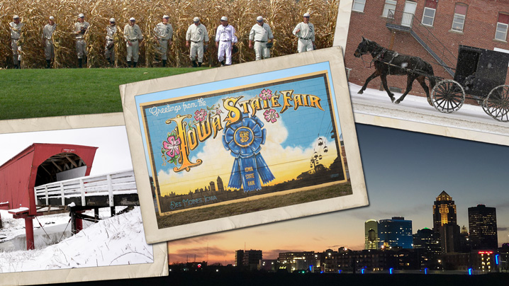 Iconic Iowa sights, Iowa State Fair, Field of Dreams, Bridges of Madison County and Des Moines Skyline