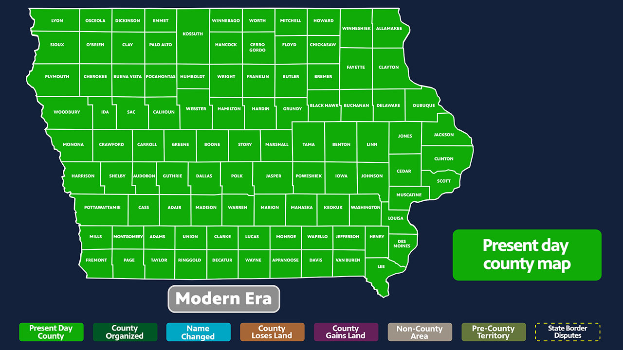 A green map of Iowa with the county outlines present.