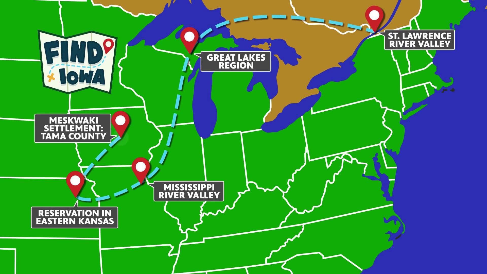 Animated map showing the various places that the Meskwaki Tribe has settled over time.