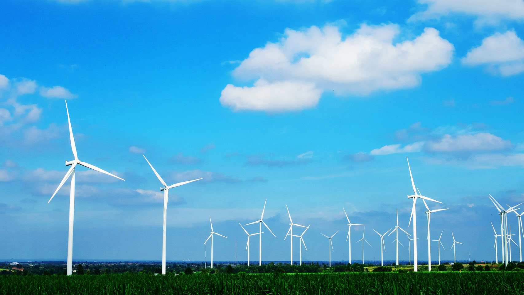 A wind turbine array on a sunny day.