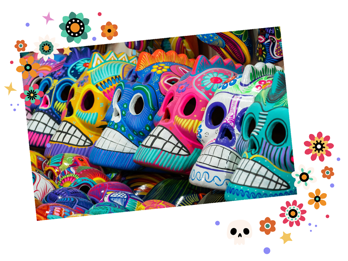 Decorated skulls displayed for Day of the Dead