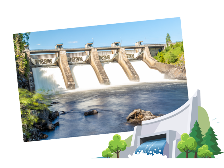 Water rushes in waterfalls at a hydroelectric power plant