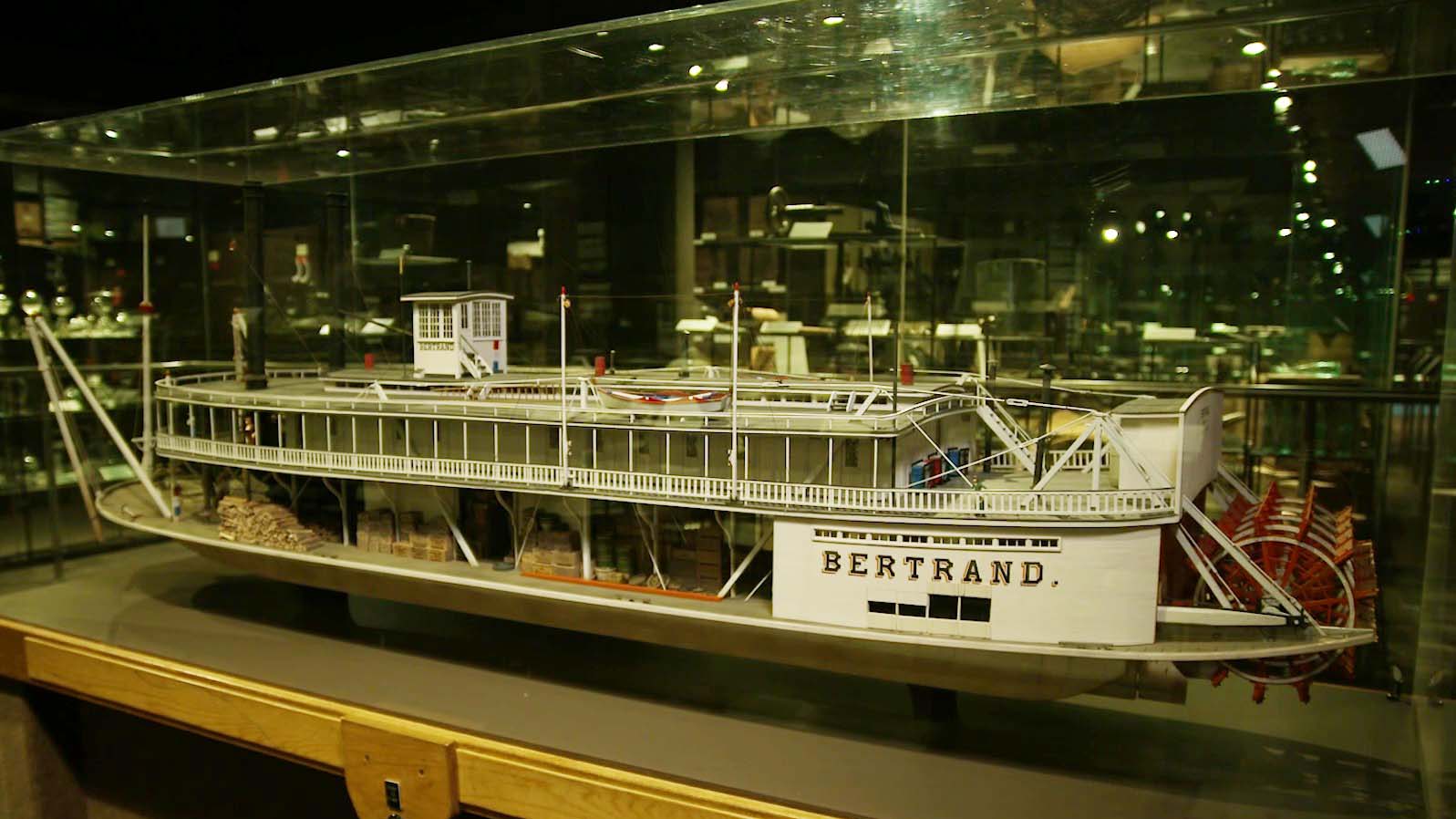 A model of the Steamboat Bertrand in a museum.