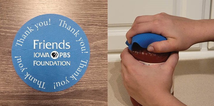Blue circular, rubber jar opener with the Iowa PBS logo