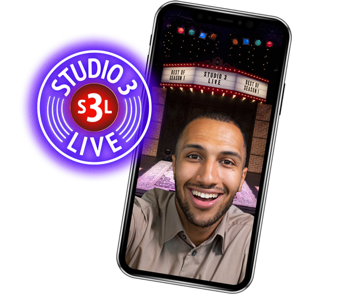 A selfie of a man on a phone with the a picture of Studio 3 in the background