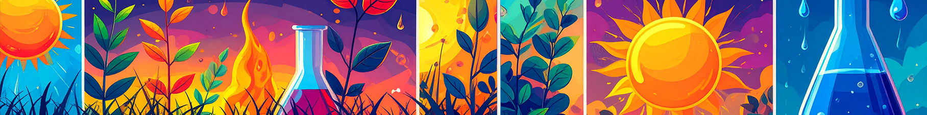 Elements of science including plants, sun, fire and beakers.