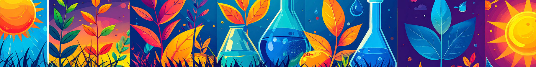 Elements of science including plants, sun, fire and beakers.