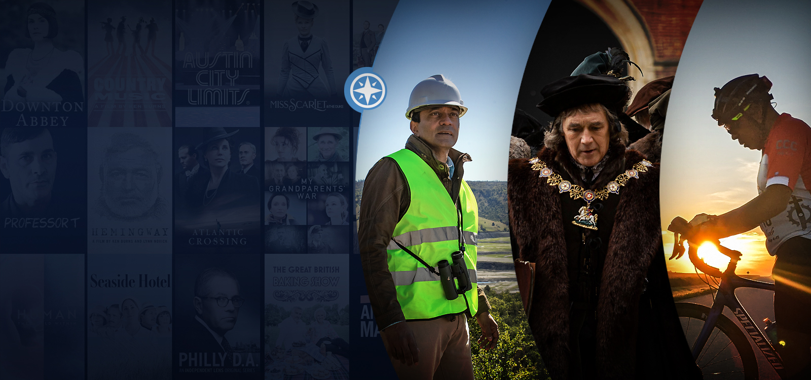 Collage of images featuring television posters, a construction worker, a person in historical attire, and a cyclist at sunset.