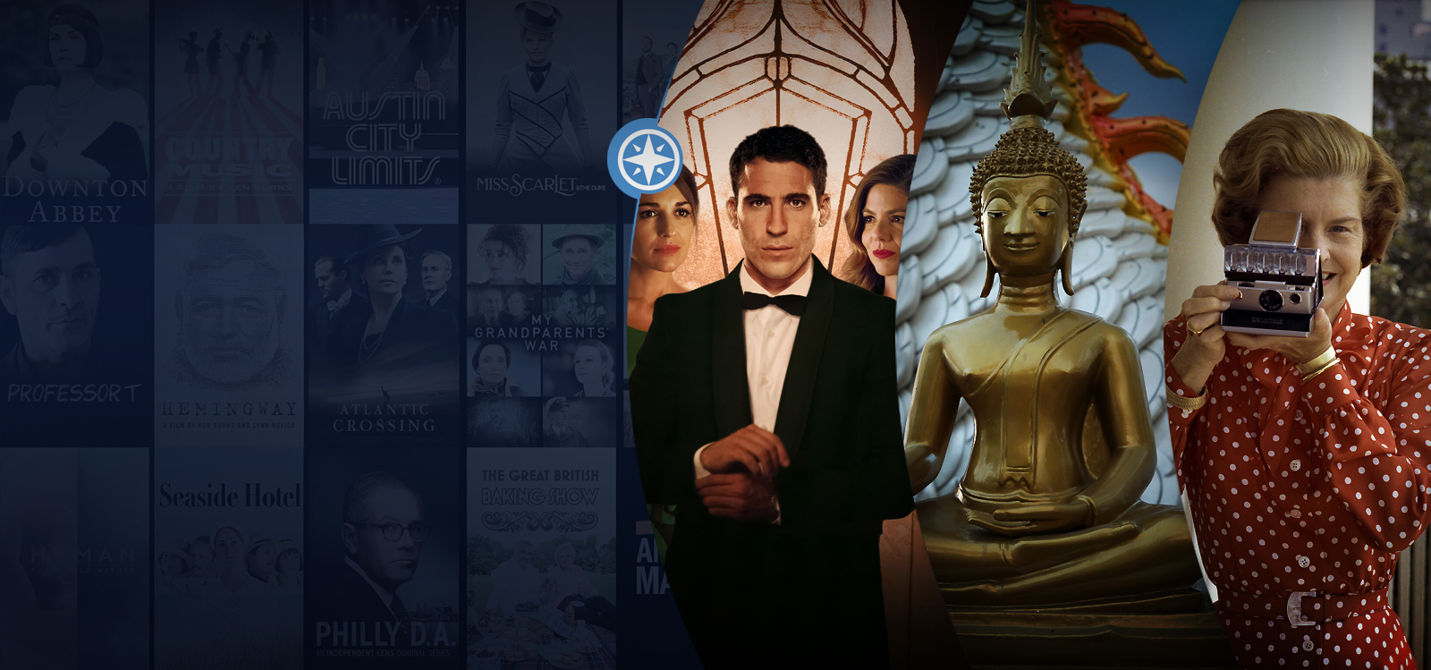Collage of various TV show posters, a man in a tuxedo, a golden Buddha statue, and a woman with a vintage camera.