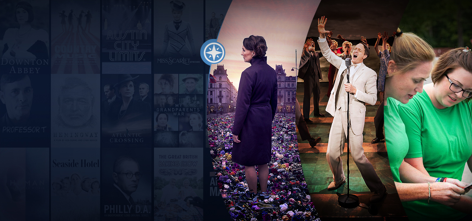 A triptych showing TV show posters, a woman on a flower path, a stage performance with a man singing into a microphone, two women discussing and consulting a piece of paper.
