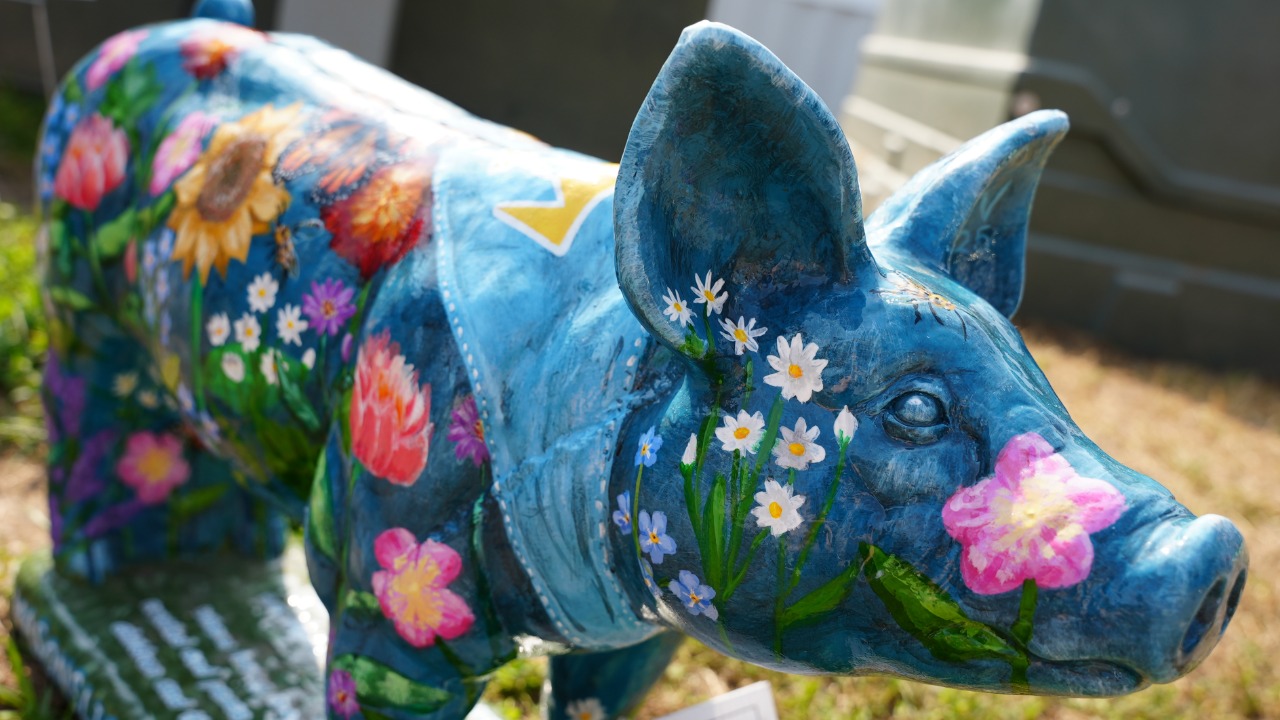 Floral painted concrete pig