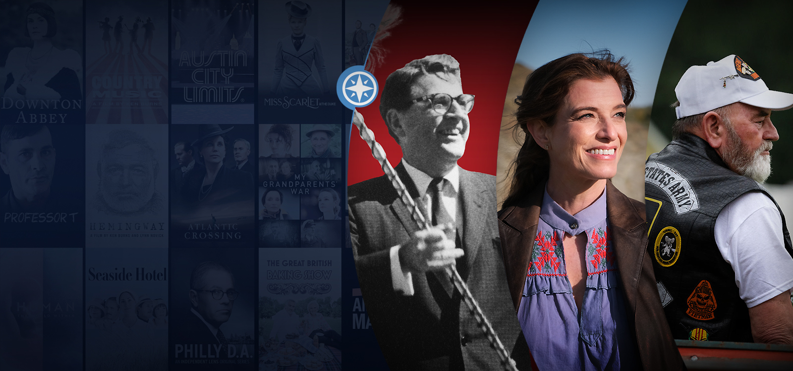 A collage of TV show posters, a grayscale image of a man with a microphone, a smiling woman, and an older man with a U.S. Army vest.