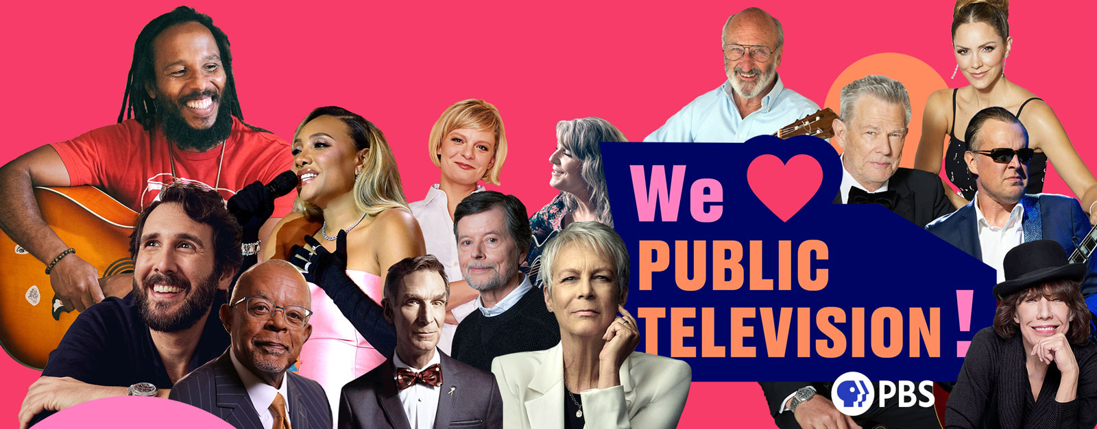 A collage of performers with the text "We Heart Public Television" on top