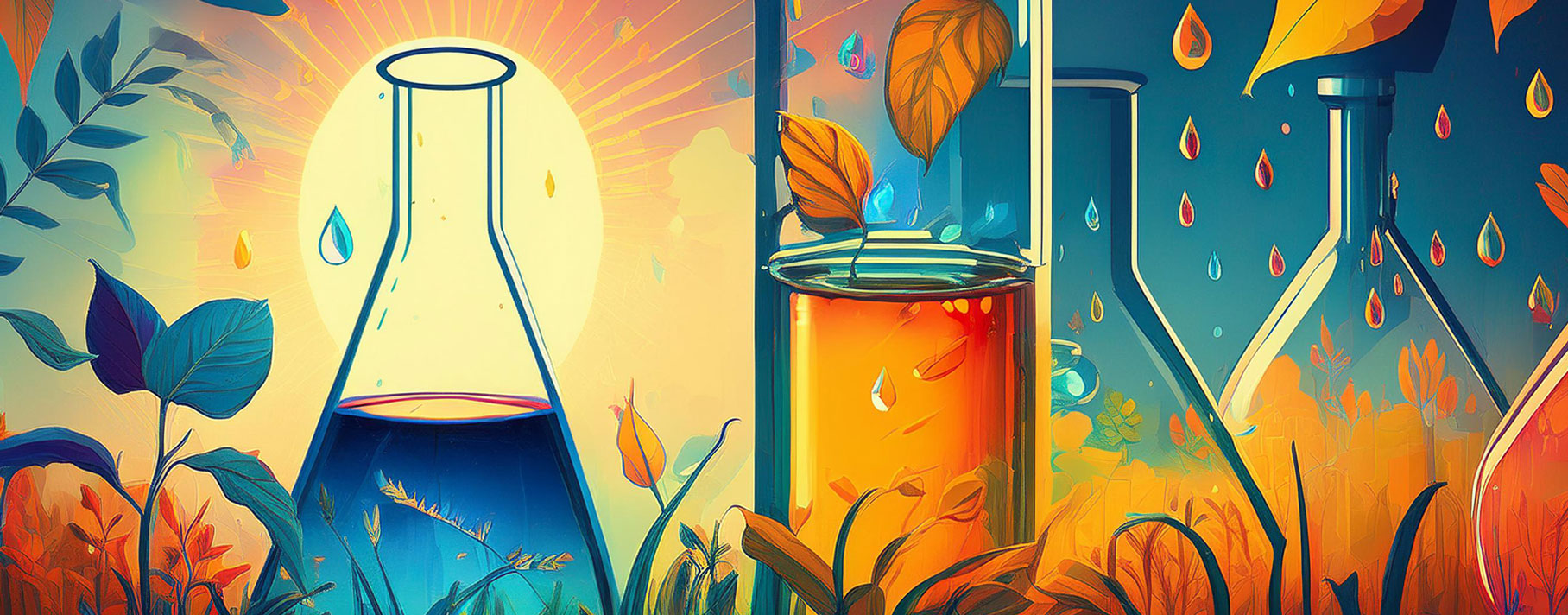 Plants growing, a beaker filled with liquid, a shining sun, rain falling