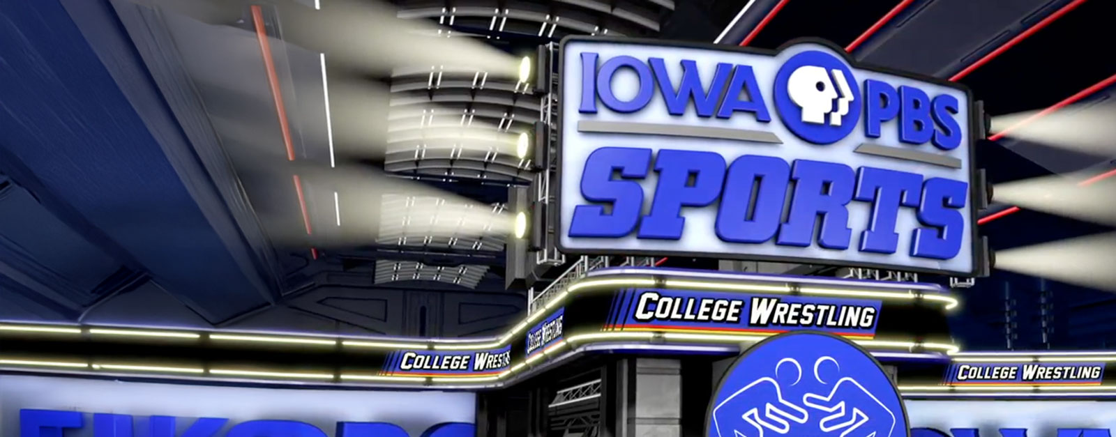 Arena marquee reads Iowa PBS Sports College Wrestling.