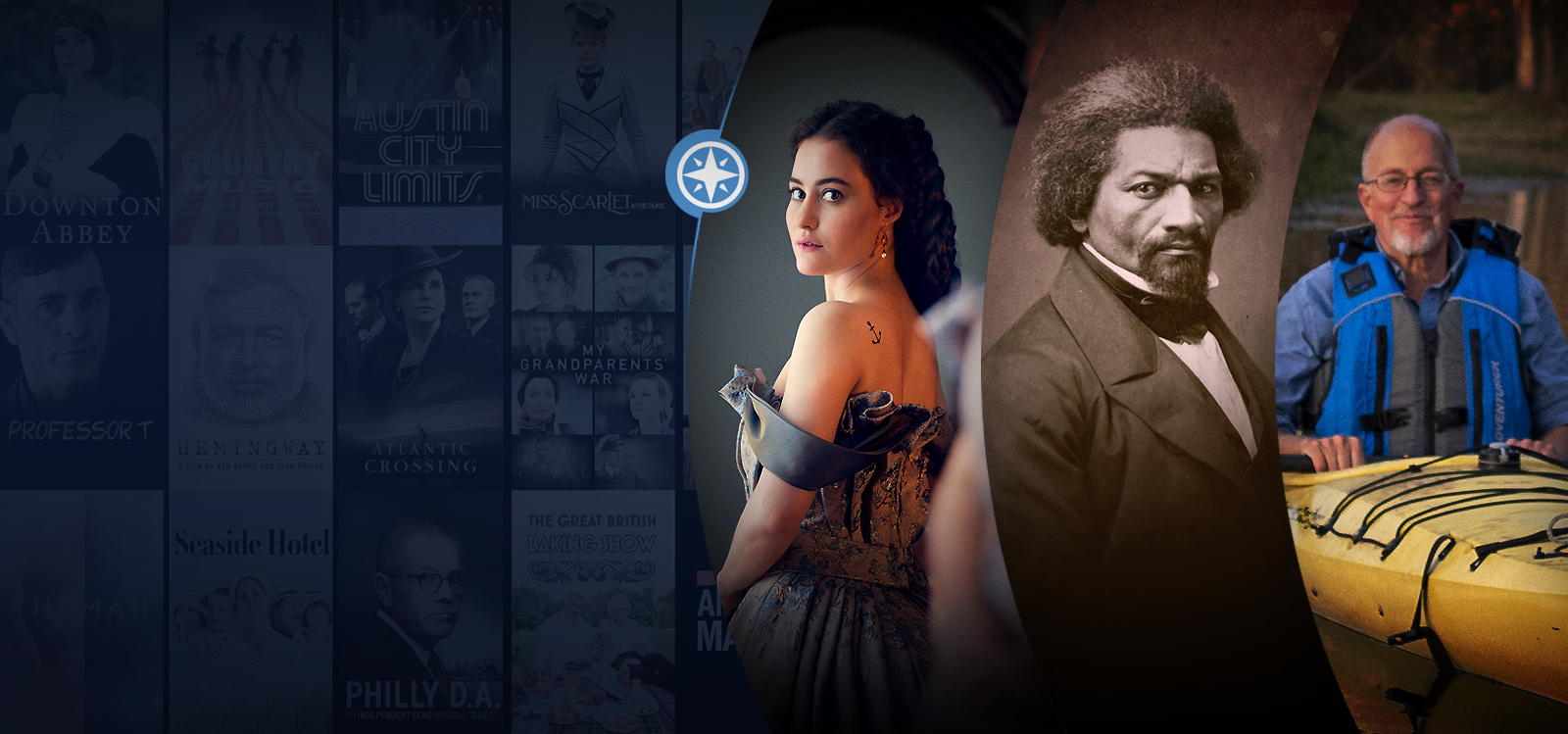 A collage with TV show posters, a woman in a historical gown, a historical portrait of a man, and a man in a kayak.