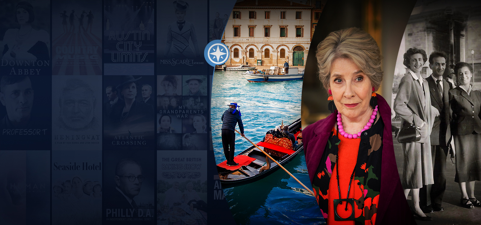 Composite image with television posters, a gondolier on a canal, a portrait of an older woman, and a photo of a man and two women.