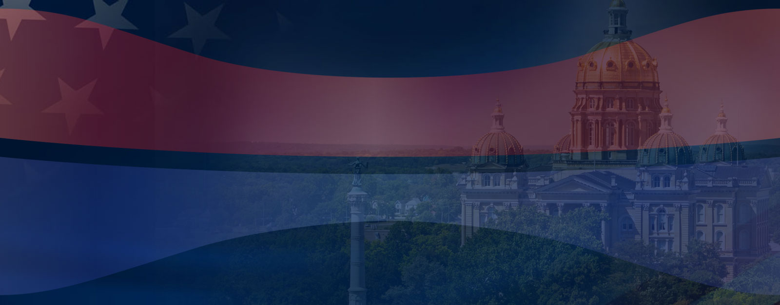 An image of the Iowa capitol with bands of red and blue going across it