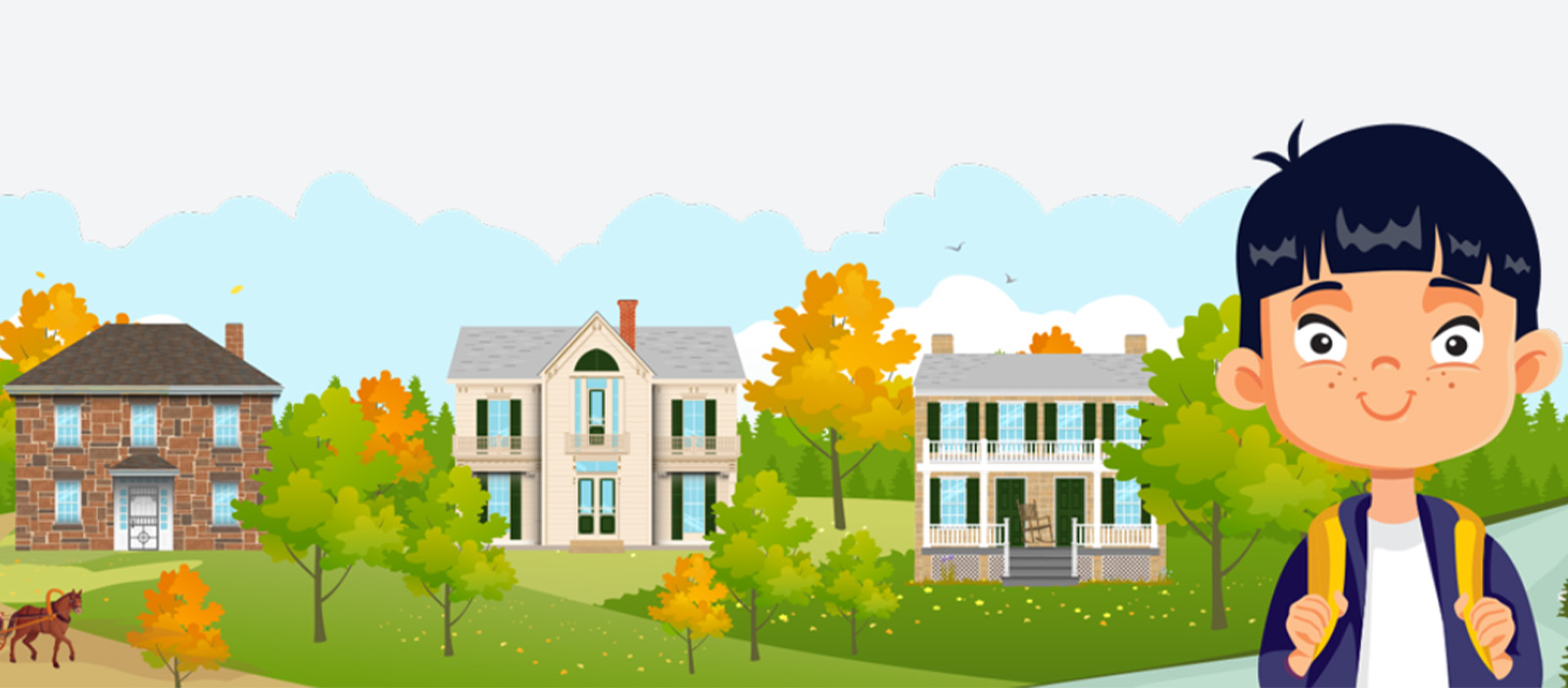 four homes behind a boy with black hair carrying a backpack.