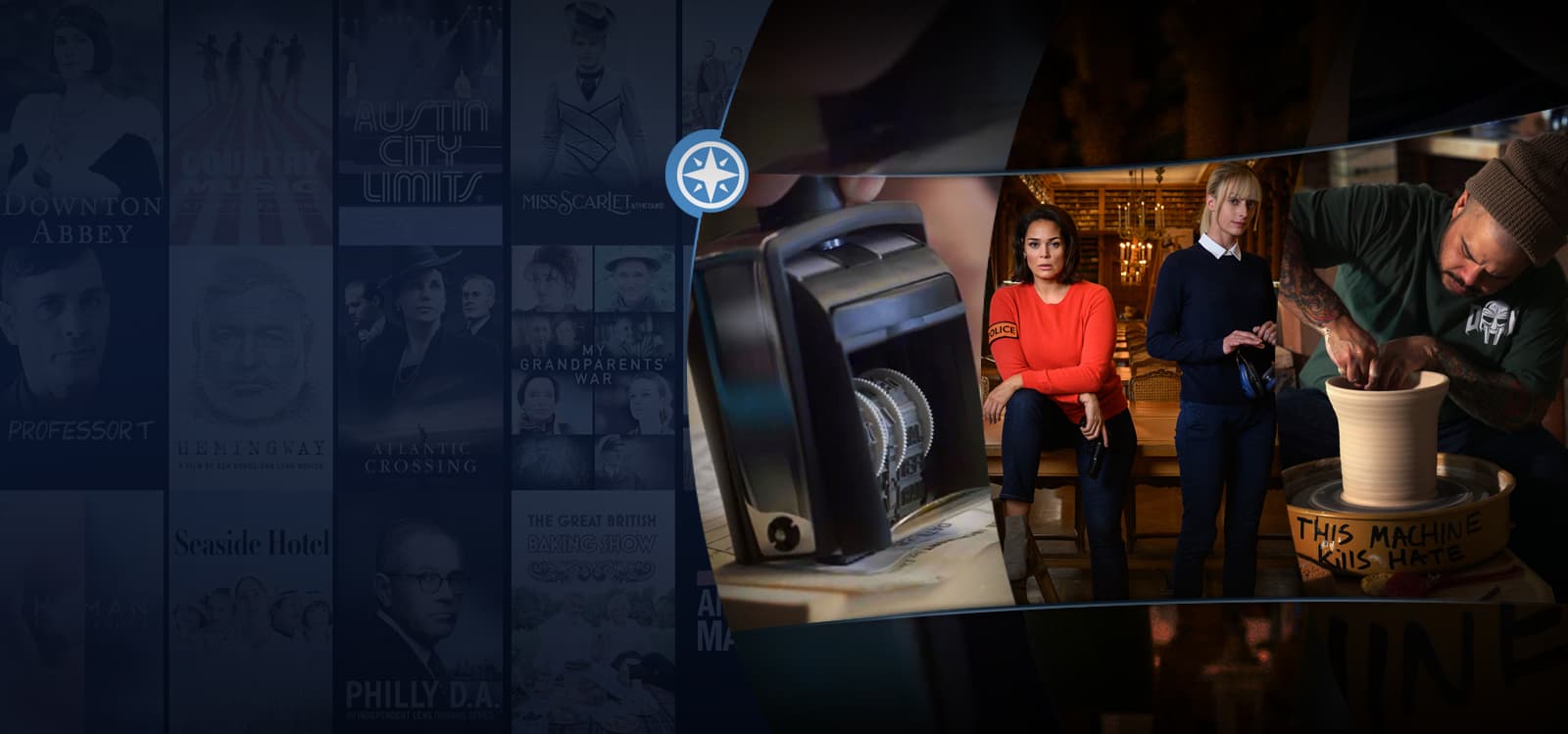 A split image showing TV show posters on the left. On the right is a library date stamp, two women standing side by side, and and a man making pottery.