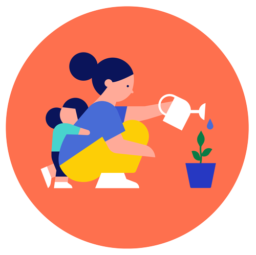 A woman bends down to water a plant while a young girl hugs her from behind.