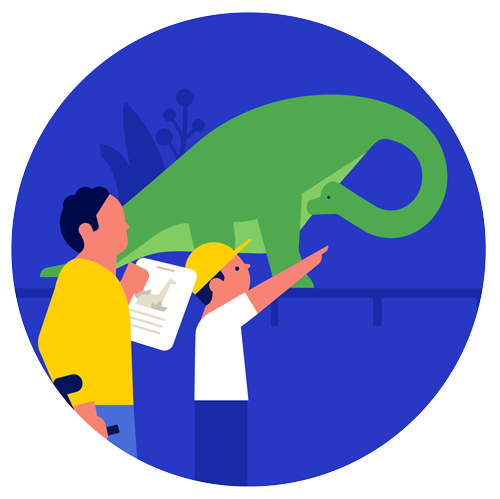 A man and a boy observe a dinosaur in a museum.