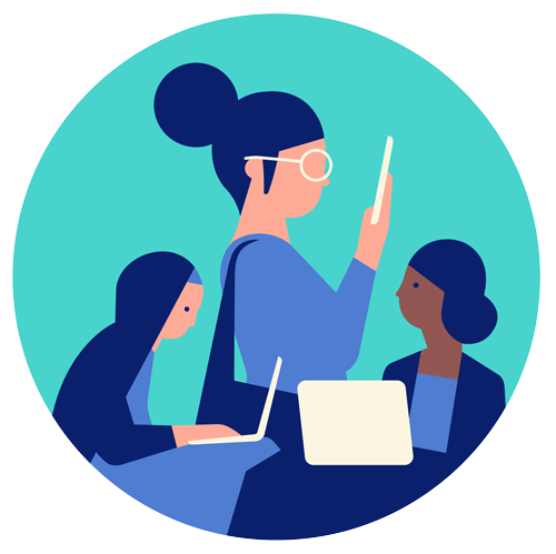 Three women read on various digital devices.