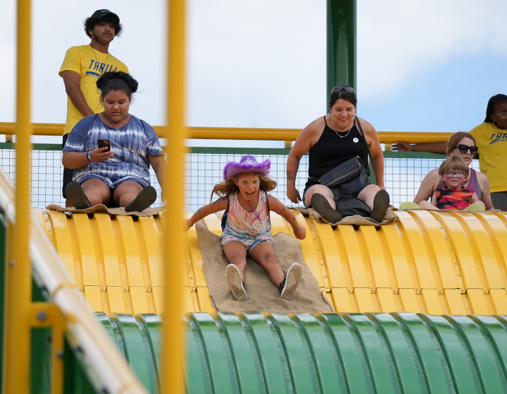 small children going down the big slide at the Iowa State Fair