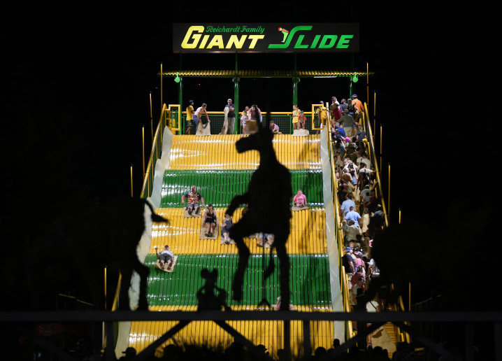 The iconic Big Slide at the Iowa State Fair at night. 
