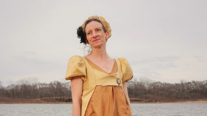 Regency era gold outfit modeled by a member of the Jane Austen Society