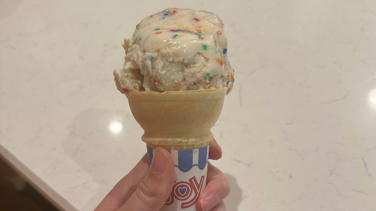 birthday cake ice cream served in a cake cone