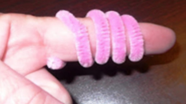 a pink pipe cleaner loosely wrapped around a finger to create the pig’s curly tail.