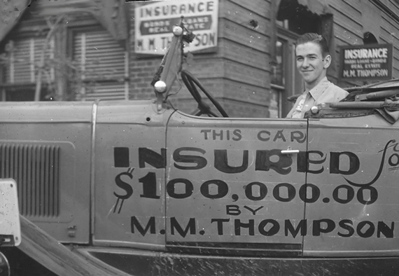Insurance Agent Uses Car to Advertise, Forest City, IA, ca. 1930
