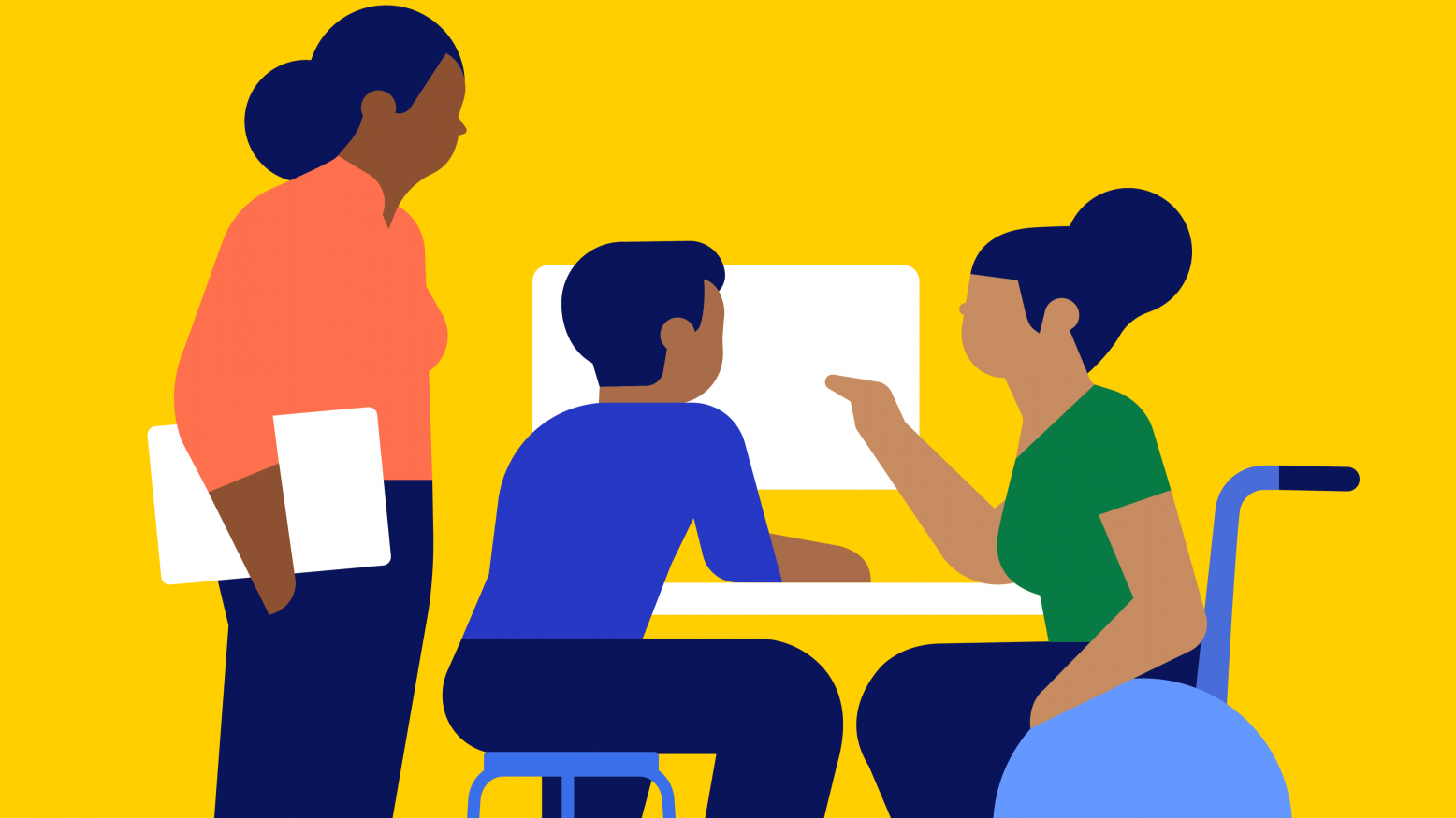 An illustration of three people looking at a computer screen. One person wearing a coral shirt stands on the left of a person wearing a blue shirt sitting on a stool. To their right is a person wearing a green shirt sitting in a wheelchair.