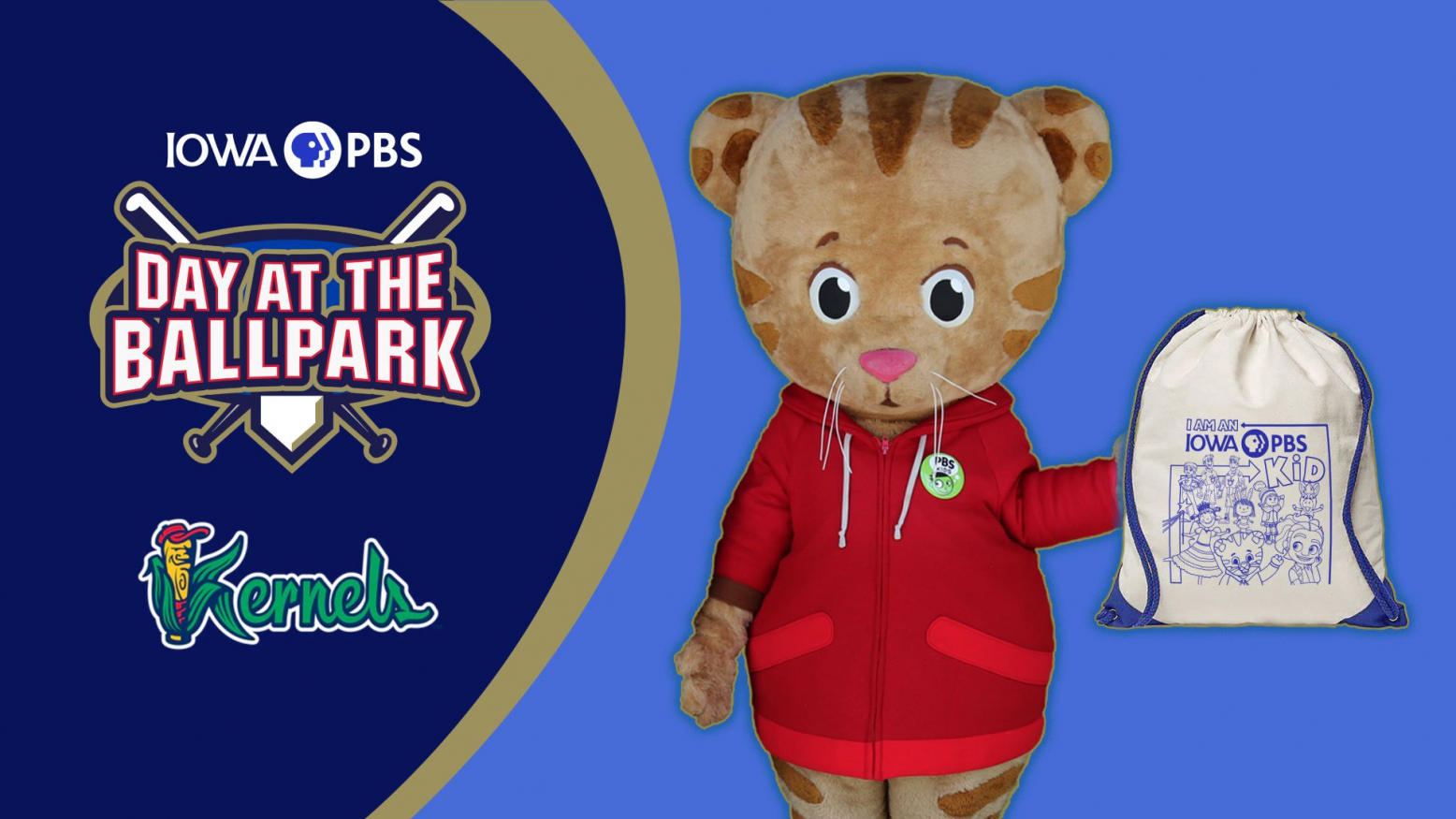 Daniel Tiger holding a bag with text on screen "Day at the Ballpark"