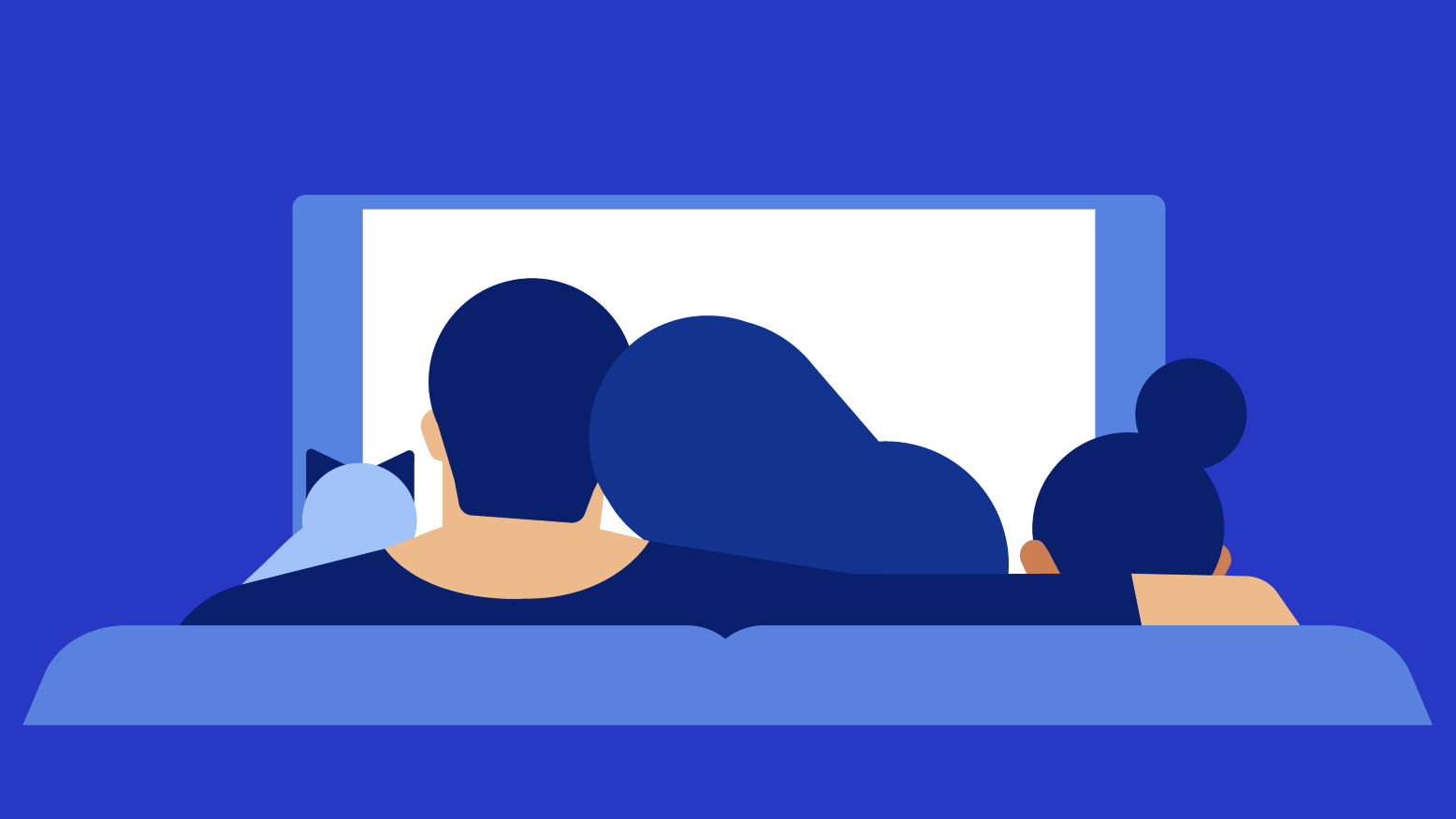 An illustration of a family watching TV in shades of blue. The viewer looks on from behind the family on a couch. From left to right, there are depictions of the back of the heads of a cat, a man, a woman and a girl. 