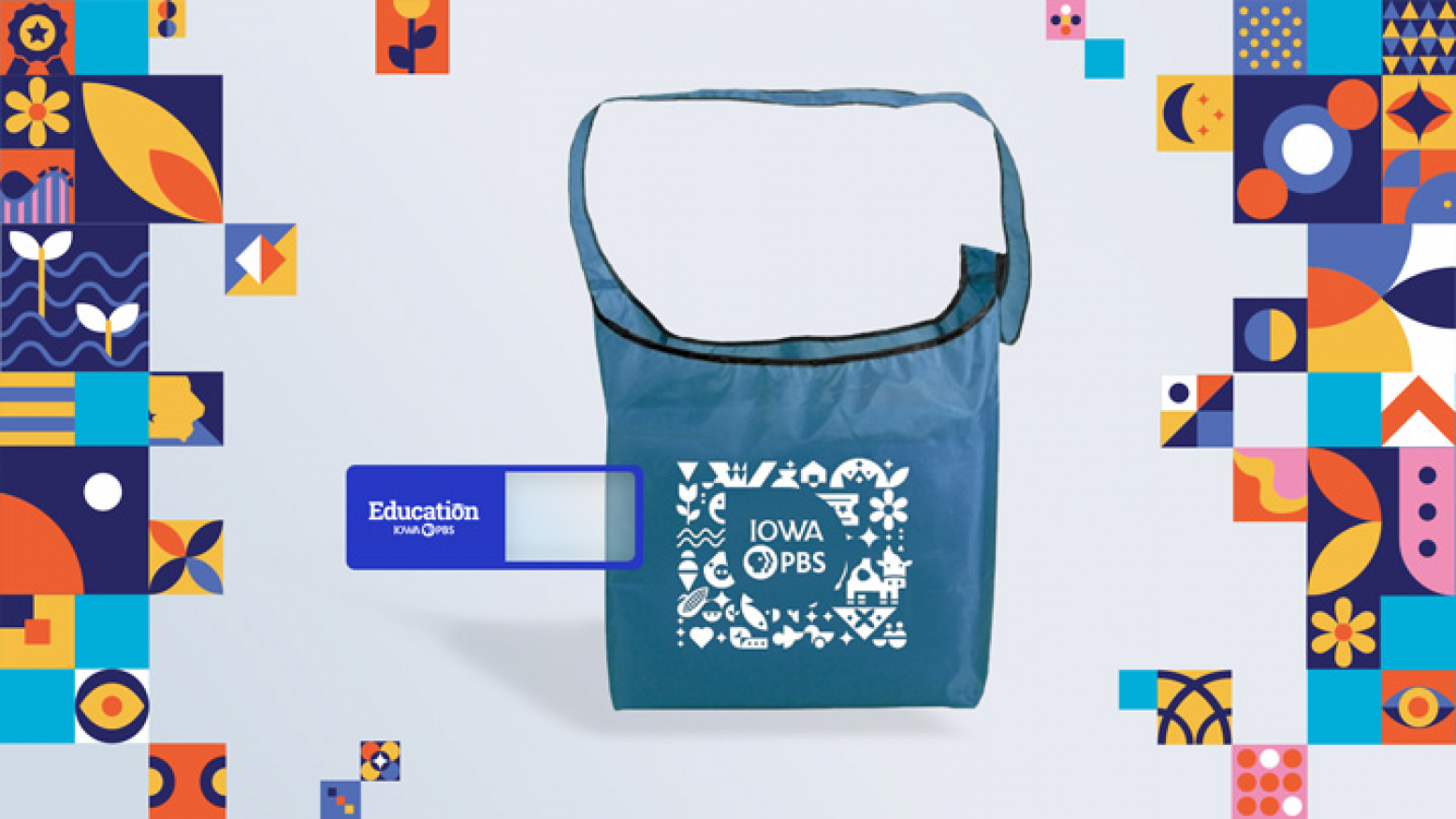 Blue bag with logo and other brightly colored square images