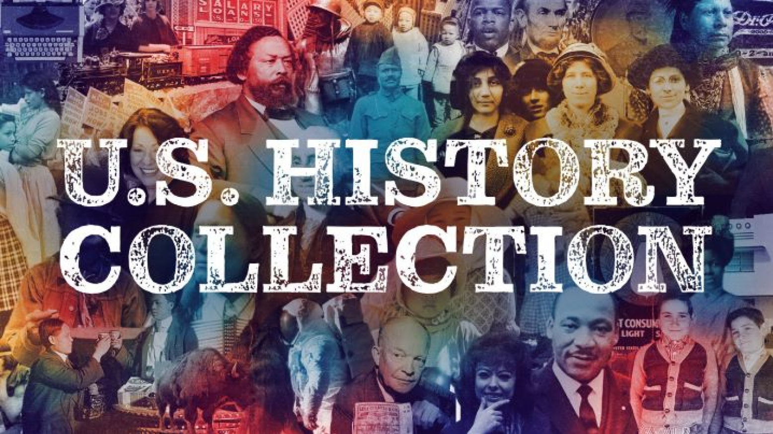 A bright, multicolored graphic with "U.S. History Collection" in white text featured prominently. In the background are many historical images and portraits of prominent historical figures.